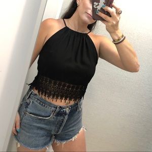 Black crop top with lace bottom detail